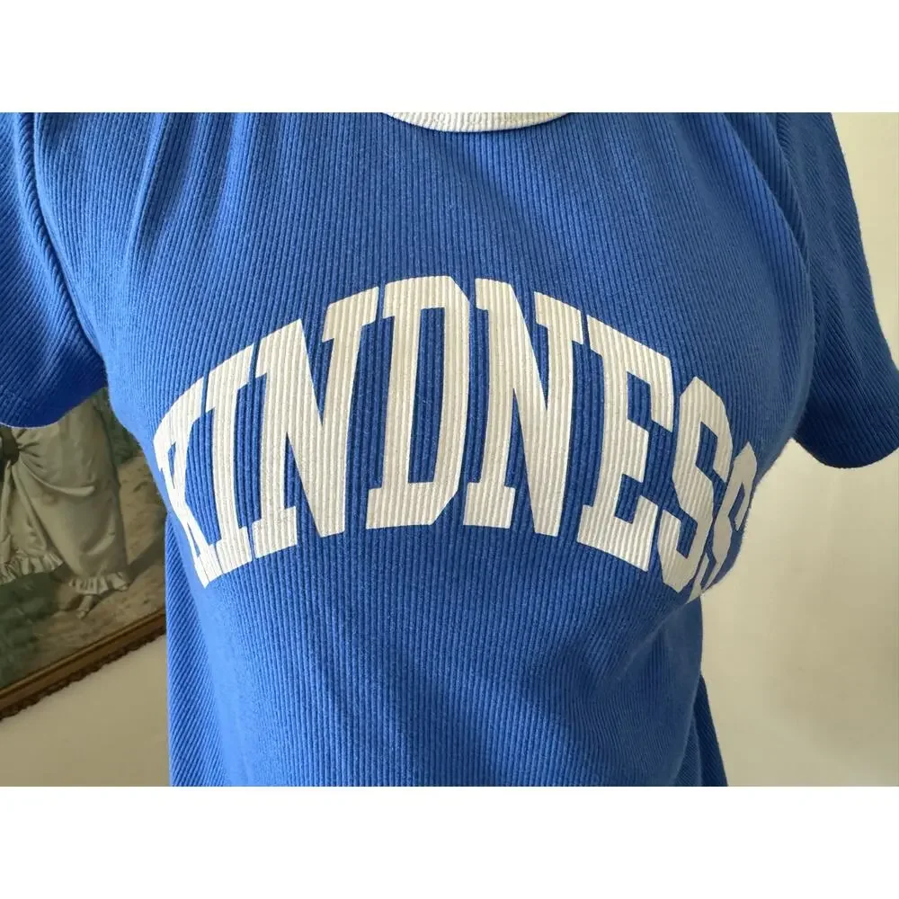 Old Navy Kindness Graphic Ringer Tee Blue Ribbed Snug Fit Size Large - Picture 2 of 9